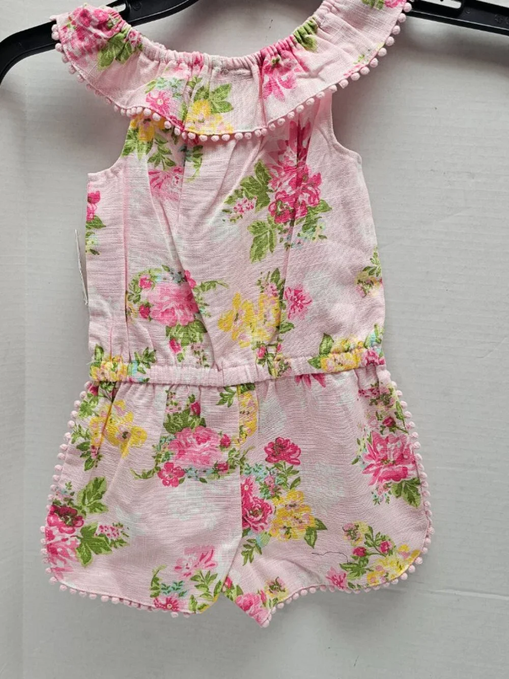 New Little Me Pink Baby Girl Flower Woven Romper Sleeveless Pom edge 24 Month